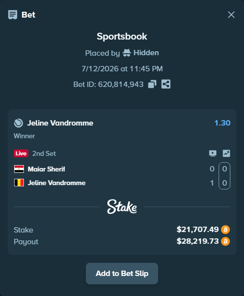 Bet slip: Maiar Sherif - Jeline Vandromme, $21,824.36 stake at 1.30 odds, placed by Hidden