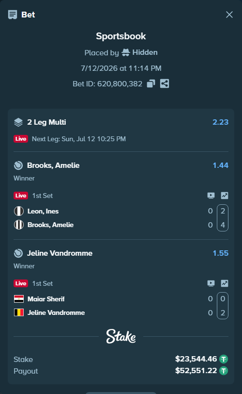Bet slip: Maiar Sherif - Jeline Vandromme, $23,568.00 stake at 1.55 odds, placed by Hidden
