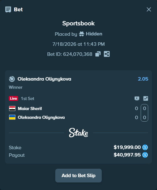 Bet slip: Maiar Sherif - Oleksandra Oliynykova, $19,999.00 stake at 2.05 odds, placed by Hidden