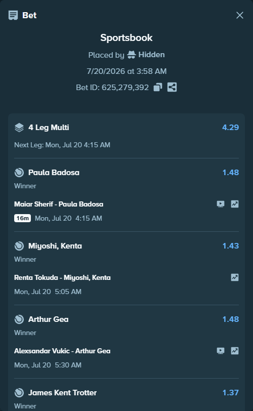 Bet slip: Maiar Sherif - Paula Badosa, $10,000.00 stake at 1.48 odds, placed by Hidden