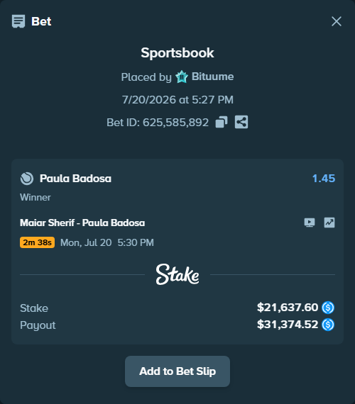 Bet slip: Maiar Sherif - Paula Badosa, $21,637.60 stake at 1.45 odds, placed by Bituume