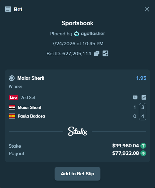 Bet slip: Maiar Sherif - Paula Badosa, $40,000.00 stake at 1.95 odds, placed by ayoflasher