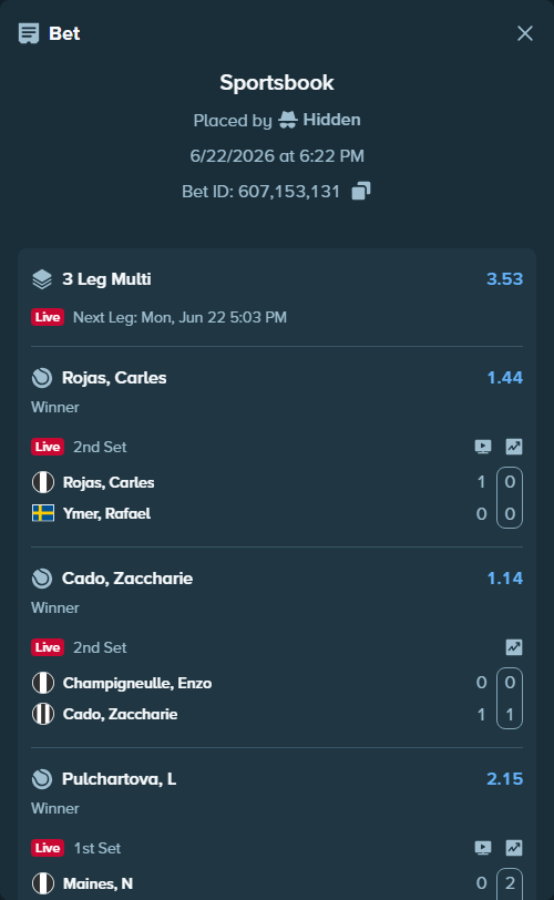 Bet slip: Maines, N - Pulchartova, L, $10,000.00 stake at 2.15 odds, placed by Hidden
