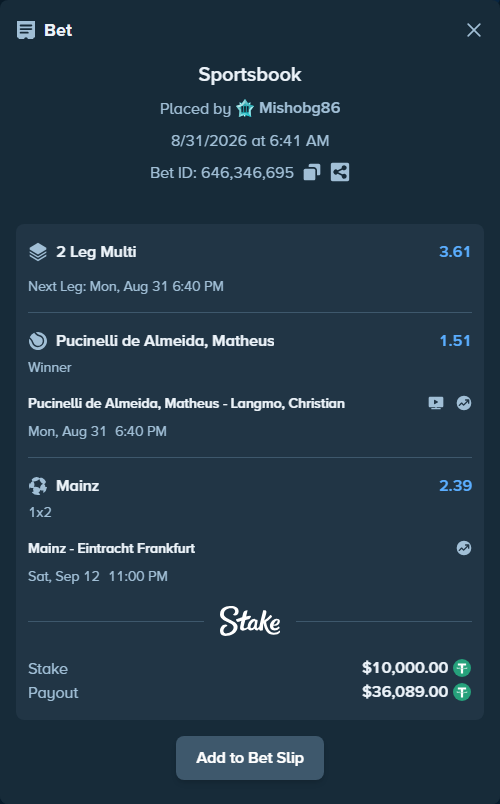 Bet slip: Mainz - Eintracht Frankfurt, $10,000.00 stake at 2.39 odds, placed by Mishobg86