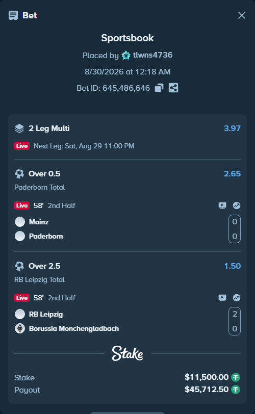 Bet slip: Mainz - Paderborn, $11,500.00 stake at 2.65 odds, placed by tlwns4736