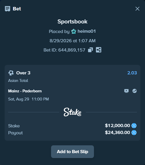 Bet slip: Mainz - Paderborn, $12,000.00 stake at 2.03 odds, placed by heima01
