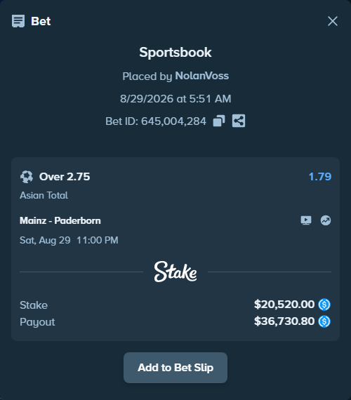 Bet slip: Mainz - Paderborn, $20,520.00 stake at 1.79 odds, placed by NolanVoss