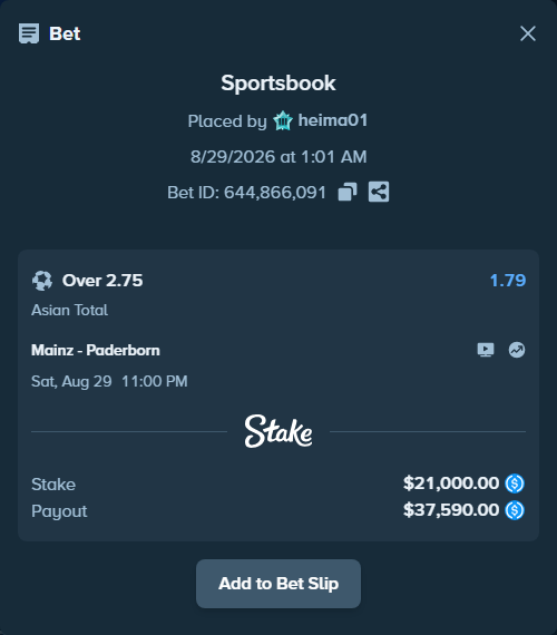 Bet slip: Mainz - Paderborn, $21,000.00 stake at 1.79 odds, placed by heima01