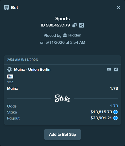 Bet slip: Mainz - Union Berlin, $13,815.73 stake at 1.73 odds, placed by Hidden