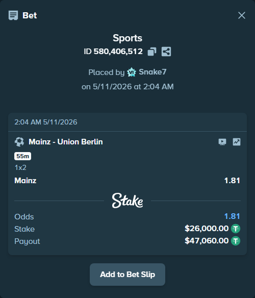 Bet slip: Mainz - Union Berlin, $26,000.00 stake at 1.81 odds, placed by Snake7
