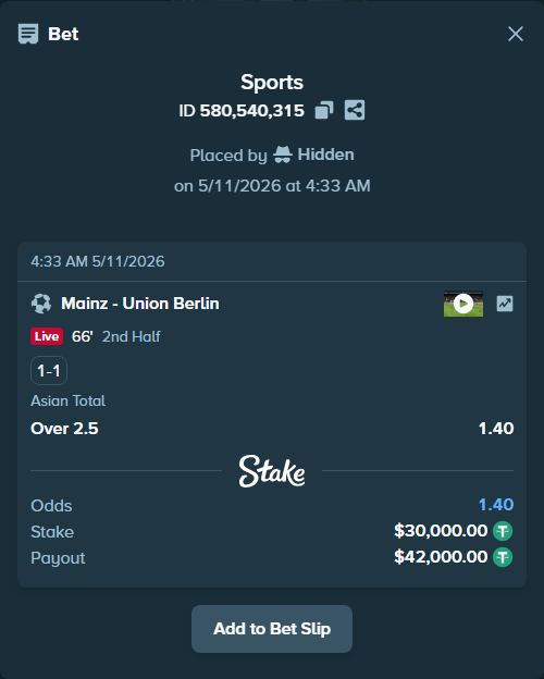 Bet slip: Mainz - Union Berlin, $30,000.00 stake at 1.40 odds, placed by Hidden