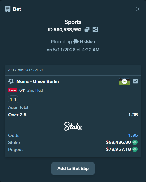 Bet slip: Mainz - Union Berlin, $58,486.80 stake at 1.35 odds, placed by Hidden