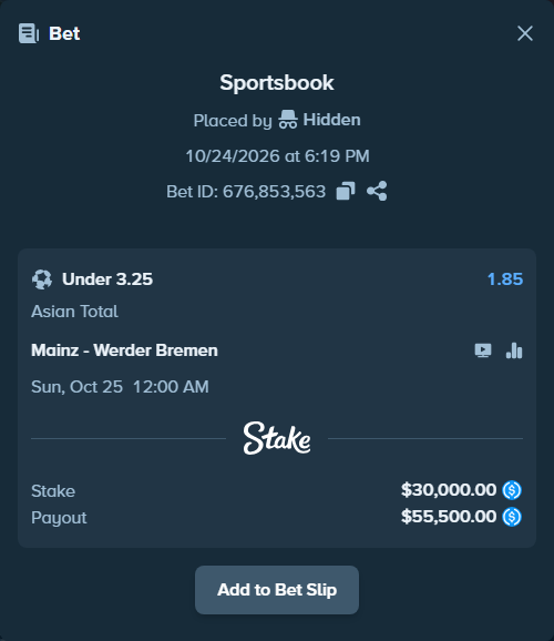 Bet slip: Mainz - Werder Bremen, $30,000.00 stake at 1.85 odds, placed by Hidden