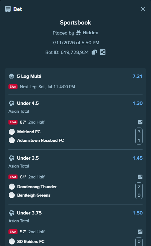 Bet slip: Maitland FC - Adamstown Rosebud FC, $14,501.30 stake at 1.30 odds, placed by Hidden
