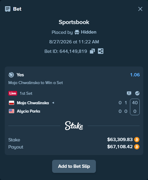 Bet slip: Maja Chwalinska - Alycia Parks, $63,264.68 stake at 1.06 odds, placed by Hidden