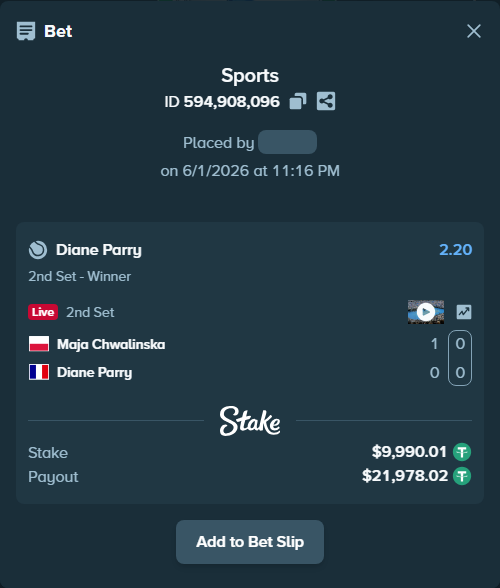 Bet slip: Maja Chwalinska - Diane Parry, $10,000.00 stake at 2.20 odds, placed by WinTr10