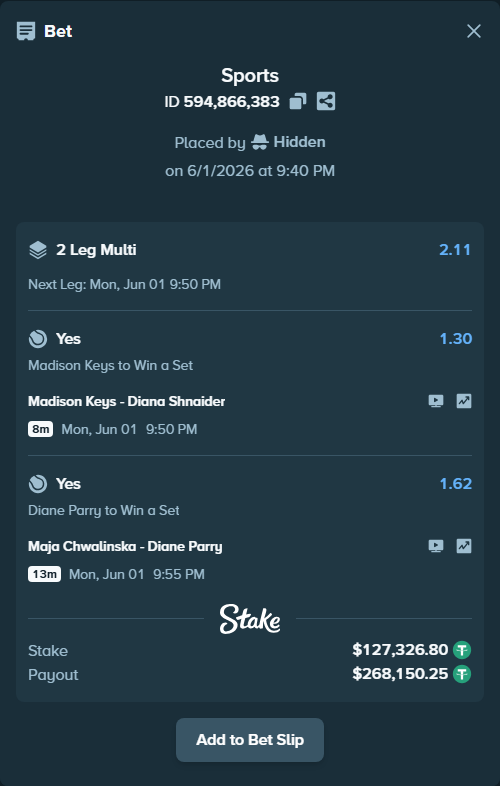 Bet slip: Maja Chwalinska - Diane Parry, $127,454.13 stake at 1.62 odds, placed by Hidden