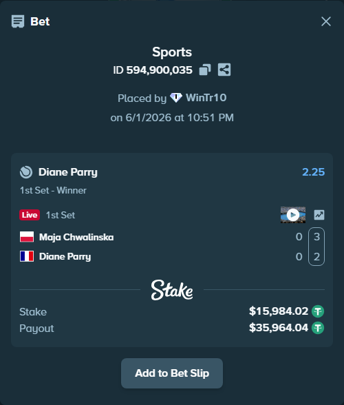 Bet slip: Maja Chwalinska - Diane Parry, $16,000.00 stake at 2.25 odds, placed by WinTr10