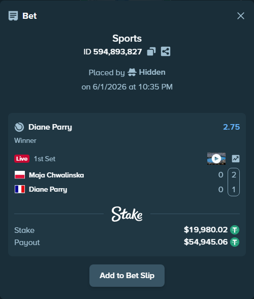 Bet slip: Maja Chwalinska - Diane Parry, $20,000.00 stake at 2.75 odds, placed by Hidden
