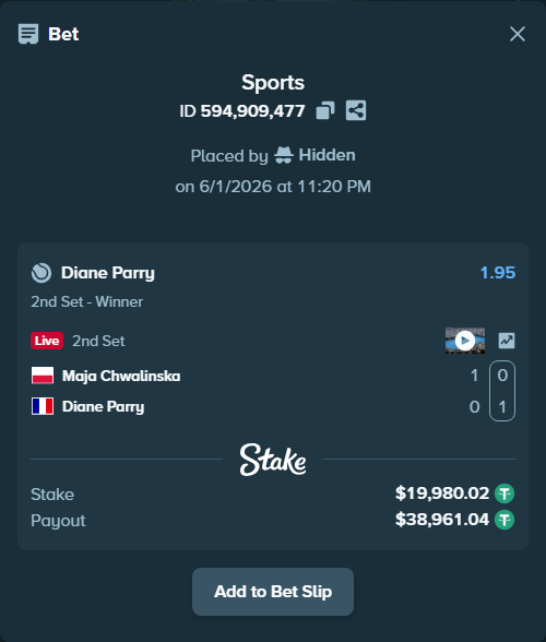 Bet slip: Maja Chwalinska - Diane Parry, $20,000.00 stake at 1.95 odds, placed by Hidden