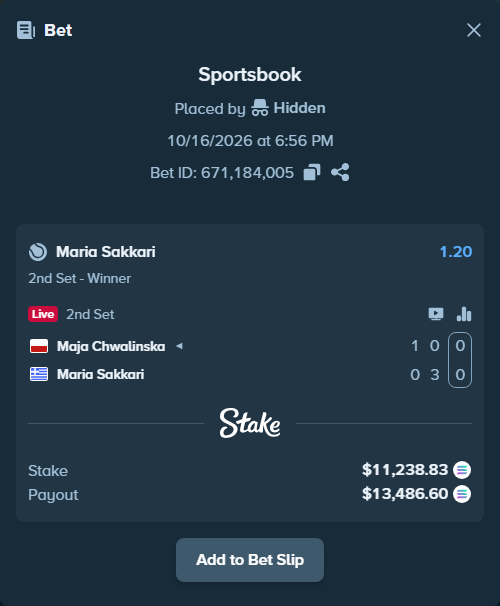 Bet slip: Maja Chwalinska - Maria Sakkari, $11,241.46 stake at 1.20 odds, placed by Hidden