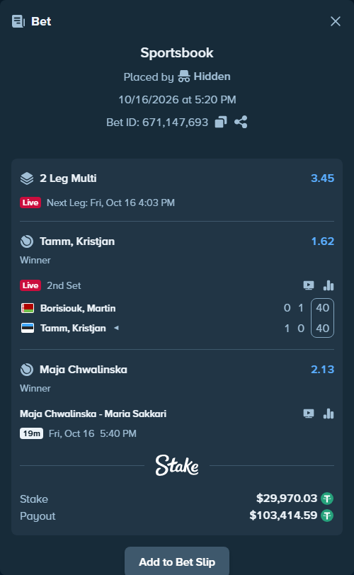Bet slip: Maja Chwalinska - Maria Sakkari, $30,000.00 stake at 2.13 odds, placed by Hidden