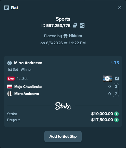 Bet slip: Maja Chwalinska - Mirra Andreeva, $10,000.00 stake at 1.75 odds, placed by Hidden
