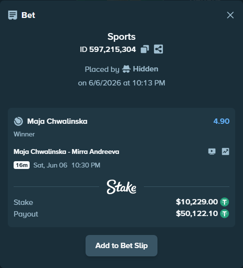 Bet slip: Maja Chwalinska - Mirra Andreeva, $10,229.00 stake at 4.90 odds, placed by Hidden