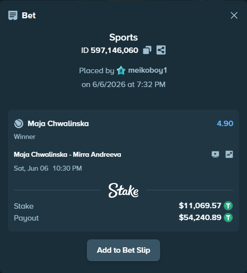 Bet slip: Maja Chwalinska - Mirra Andreeva, $11,069.57 stake at 4.90 odds, placed by meikoboy1
