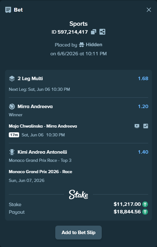 Bet slip: Maja Chwalinska - Mirra Andreeva, $11,217.00 stake at 1.20 odds, placed by Hidden