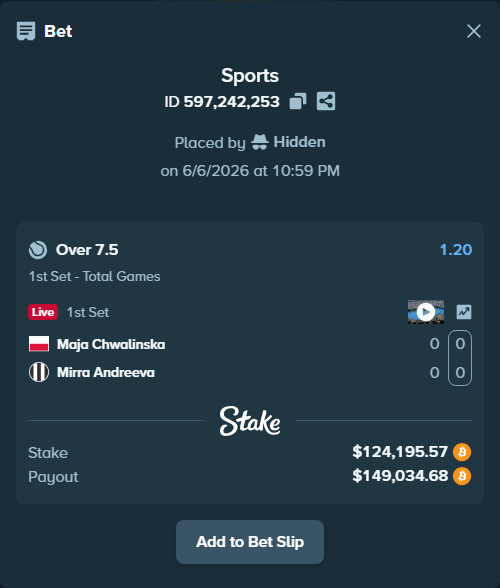 Bet slip: Maja Chwalinska - Mirra Andreeva, $130,947.92 stake at 1.20 odds, placed by Hidden