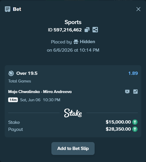 Bet slip: Maja Chwalinska - Mirra Andreeva, $15,000.00 stake at 1.89 odds, placed by Hidden