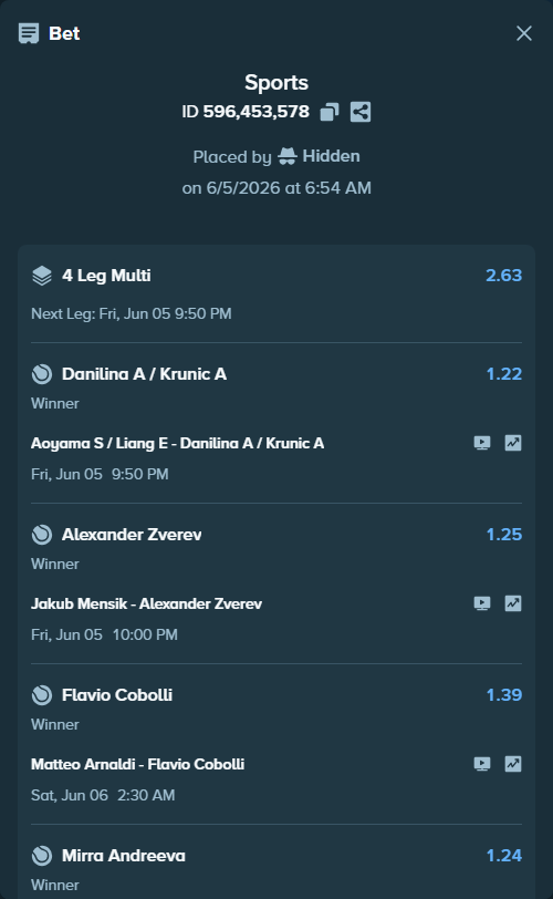 Bet slip: Maja Chwalinska - Mirra Andreeva, $184,936.69 stake at 1.24 odds, placed by Hidden