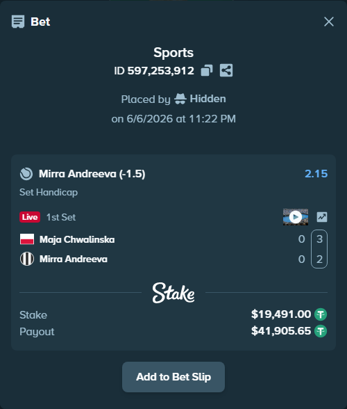 Bet slip: Maja Chwalinska - Mirra Andreeva, $19,491.00 stake at 2.15 odds, placed by Hidden
