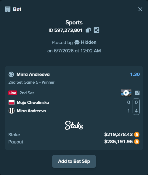 Bet slip: Maja Chwalinska - Mirra Andreeva, $231,588.00 stake at 1.30 odds, placed by Hidden