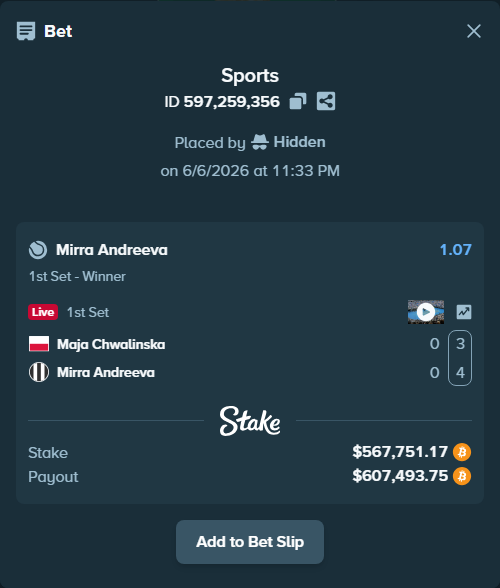 Bet slip: Maja Chwalinska - Mirra Andreeva, $600,810.47 stake at 1.07 odds, placed by Hidden