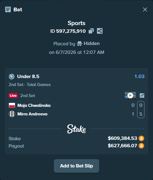 Bet slip: Maja Chwalinska - Mirra Andreeva, $643,300.00 stake at 1.03 odds, placed by Hidden