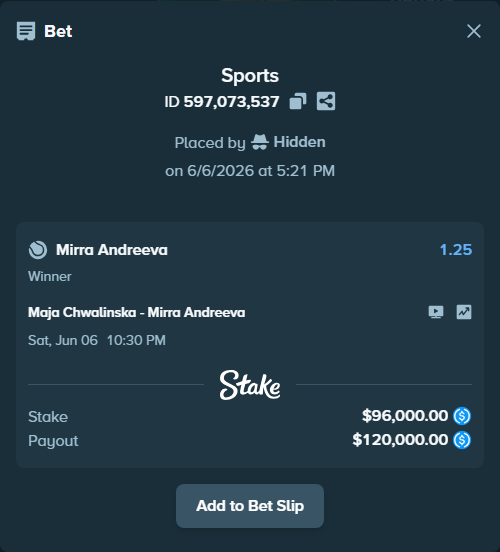 Bet slip: Maja Chwalinska - Mirra Andreeva, $96,000.00 stake at 1.25 odds, placed by Hidden