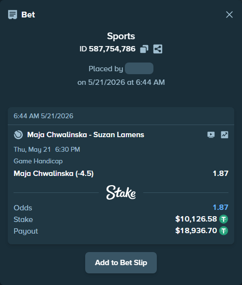 Bet slip: Maja Chwalinska - Suzan Lamens, $10,136.71 stake at 1.87 odds, placed by Jcalle19