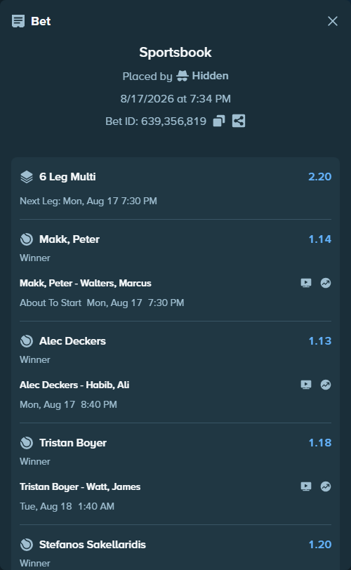 Bet slip: Makk, Peter - Walters, Marcus, $19,490.81 stake at 1.14 odds, placed by Hidden