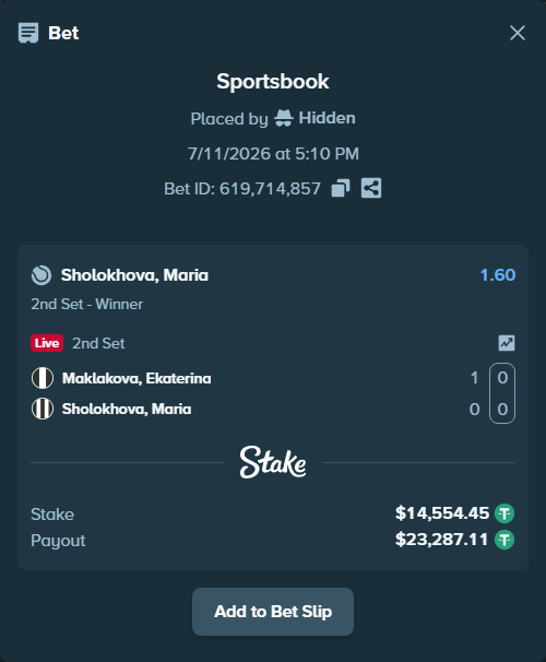 Bet slip: Maklakova, Ekaterina - Sholokhova, Maria, $14,569.00 stake at 1.60 odds, placed by Hidden