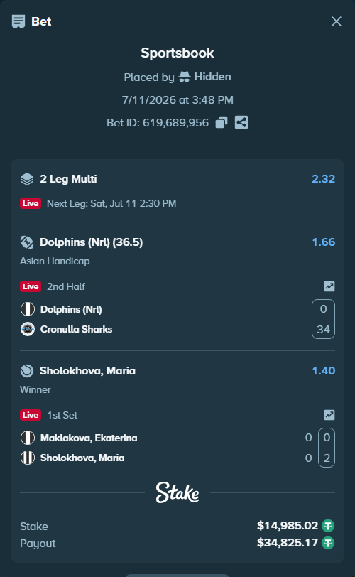 Bet slip: Maklakova, Ekaterina - Sholokhova, Maria, $15,000.00 stake at 1.40 odds, placed by Hidden