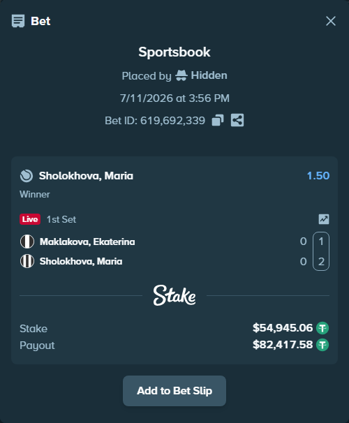 Bet slip: Maklakova, Ekaterina - Sholokhova, Maria, $55,000.00 stake at 1.50 odds, placed by Hidden