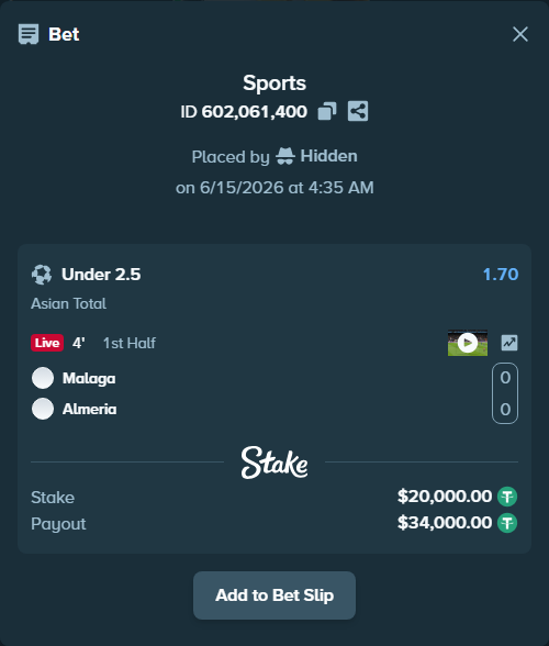 Bet slip: Malaga - Almeria, $20,020.00 stake at 1.70 odds, placed by Hidden