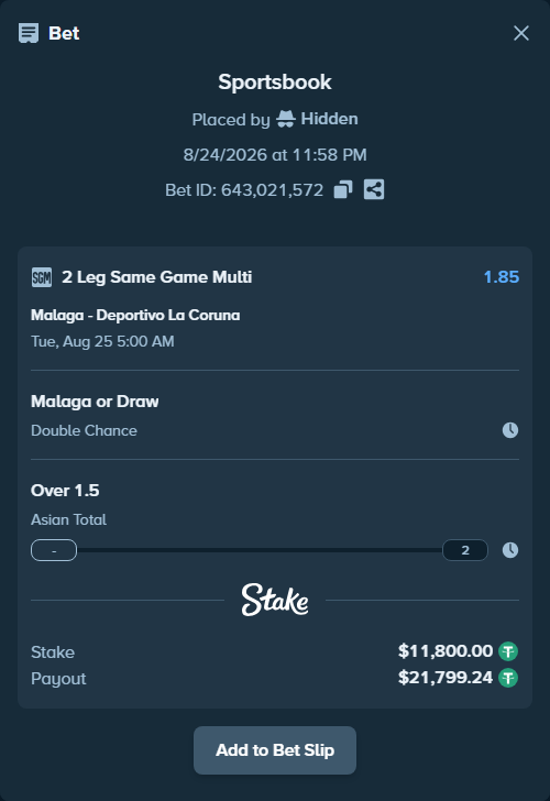 Bet slip: Malaga - Deportivo La Coruna, $11,800.00 stake at 1.35 odds, placed by Hidden