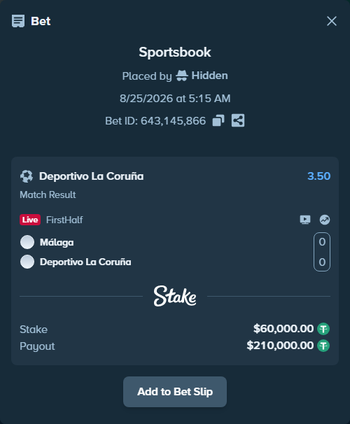Bet slip: Málaga - Deportivo La Coruña, $60,000.00 stake at 3.50 odds, placed by Hidden