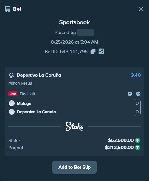 Bet slip: Málaga - Deportivo La Coruña, $62,500.00 stake at 3.40 odds, placed by partizanti22