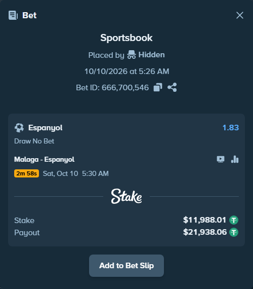 Bet slip: Malaga - Espanyol, $12,000.00 stake at 1.83 odds, placed by oscardv1981