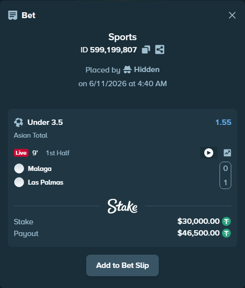 Bet slip: Malaga - Las Palmas, $30,030.00 stake at 1.55 odds, placed by Hidden
