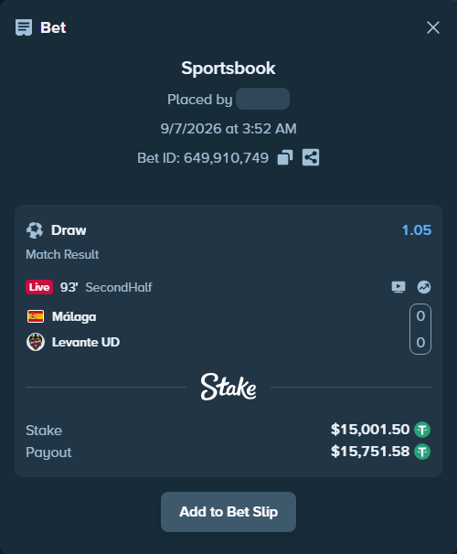 Bet slip: Malaga - Levante, $15,000.00 stake at 1.05 odds, placed by petterblom